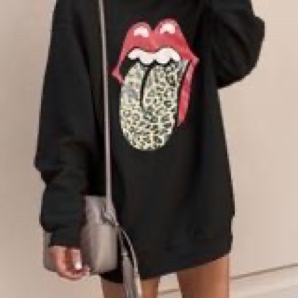 Lip Printed Black Mini Dress Leopard